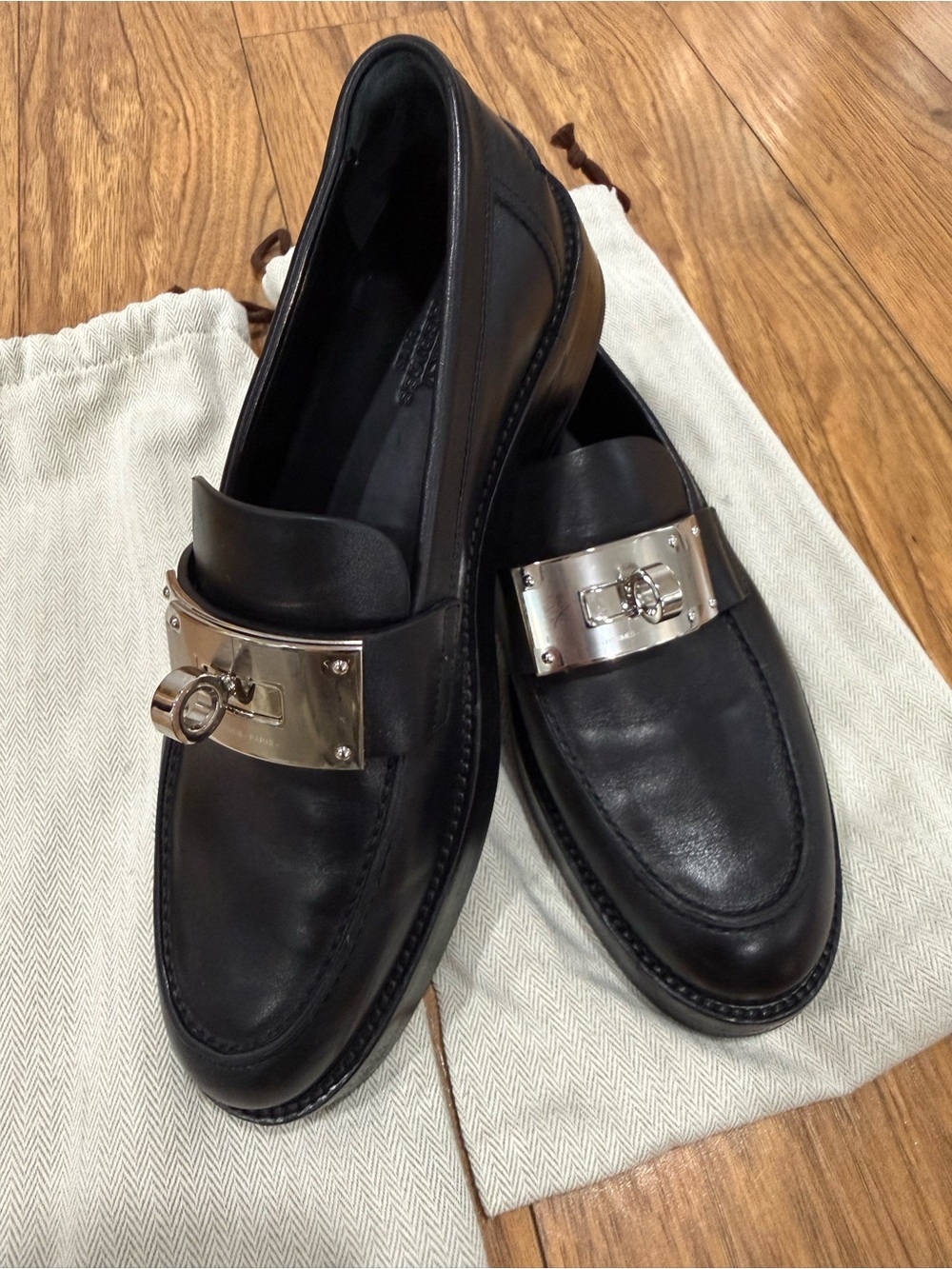 Hermes Black Leather Women's Moccasins with Silver Hardware